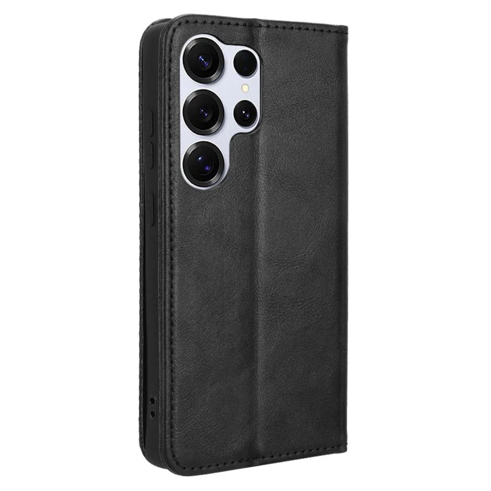 For Samsung Galaxy S25 Ultra Case Wallet Stand Retro Texture Leather Phone Cover - Black - 7