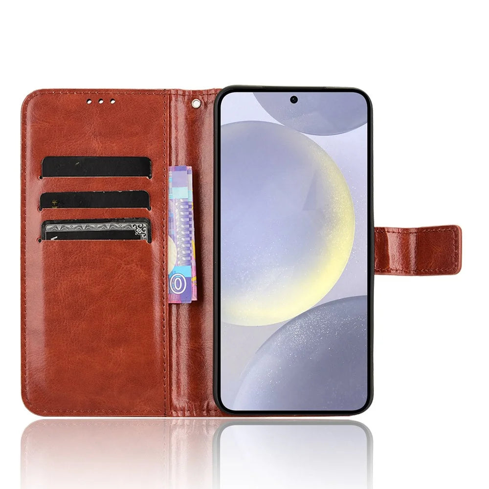 For Samsung Galaxy S25+ Case Crazy Horse Texture PU Leather Phone Wallet Cover - Brown - 2