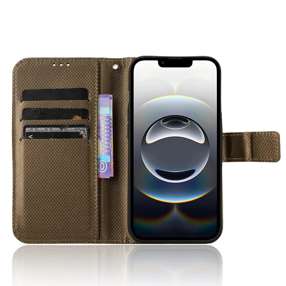 For iPhone 17e / 16e Case PU Leather Diamond Texture Wallet Phone Cover - Brown - 2