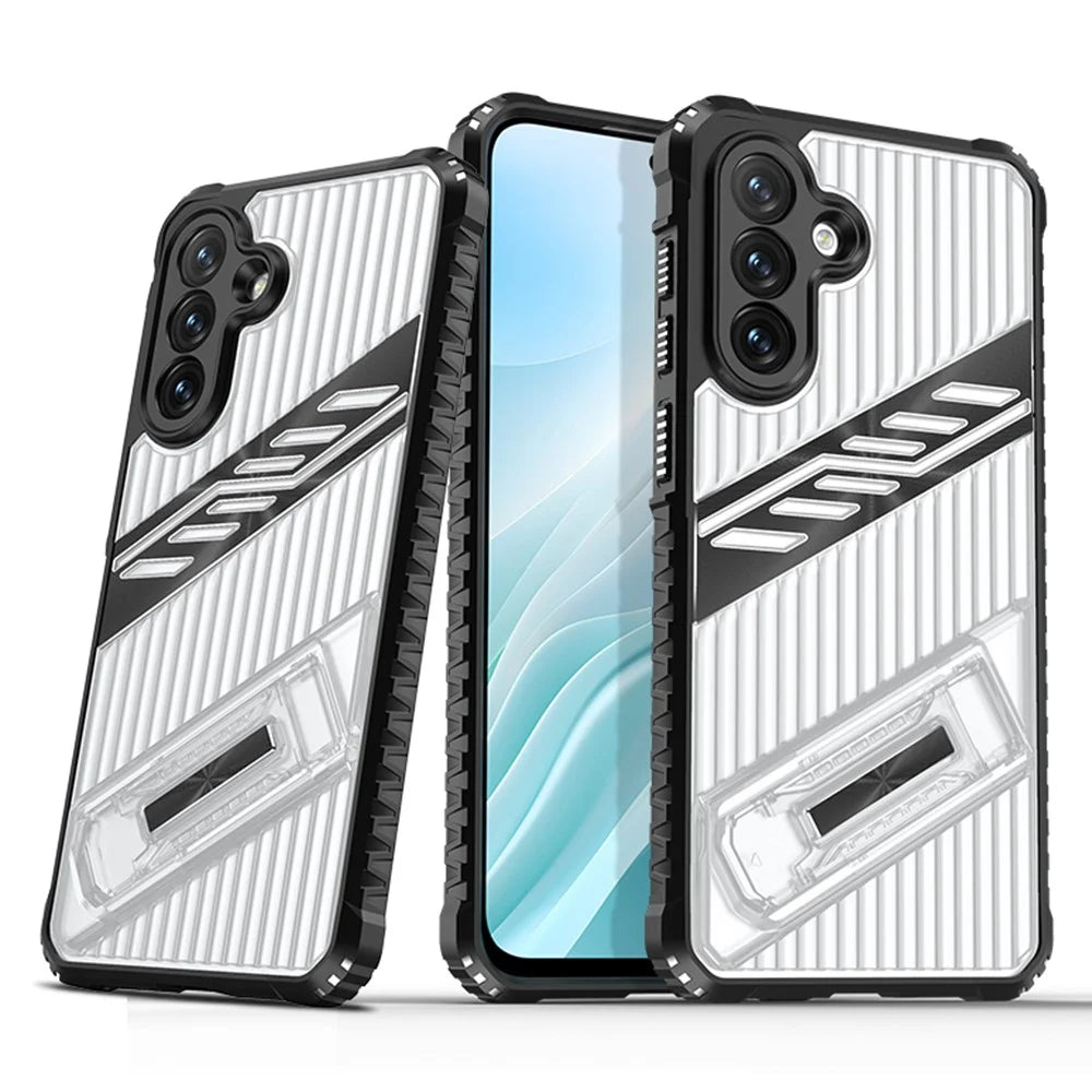 For Samsung Galaxy S24 FE Case Folding Kickstand PC + TPU Anti Drop Phone Cover - Transparent Black - 1