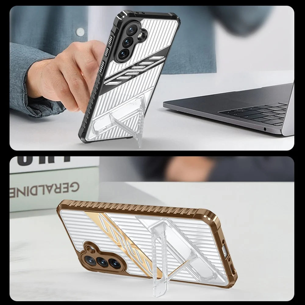 For Samsung Galaxy A55 5G Case Folding Kickstand PC + TPU Anti Drop Phone Cover - Transparent Black - 5