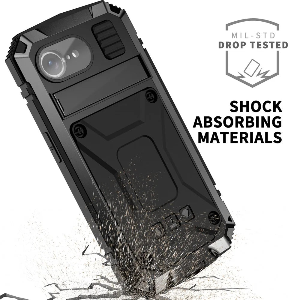 R-JUST For iPhone 17e / 16e Case PC + Silicone + Metal Kickstand Phone Cover with Tempered Glass Film - Black - 2