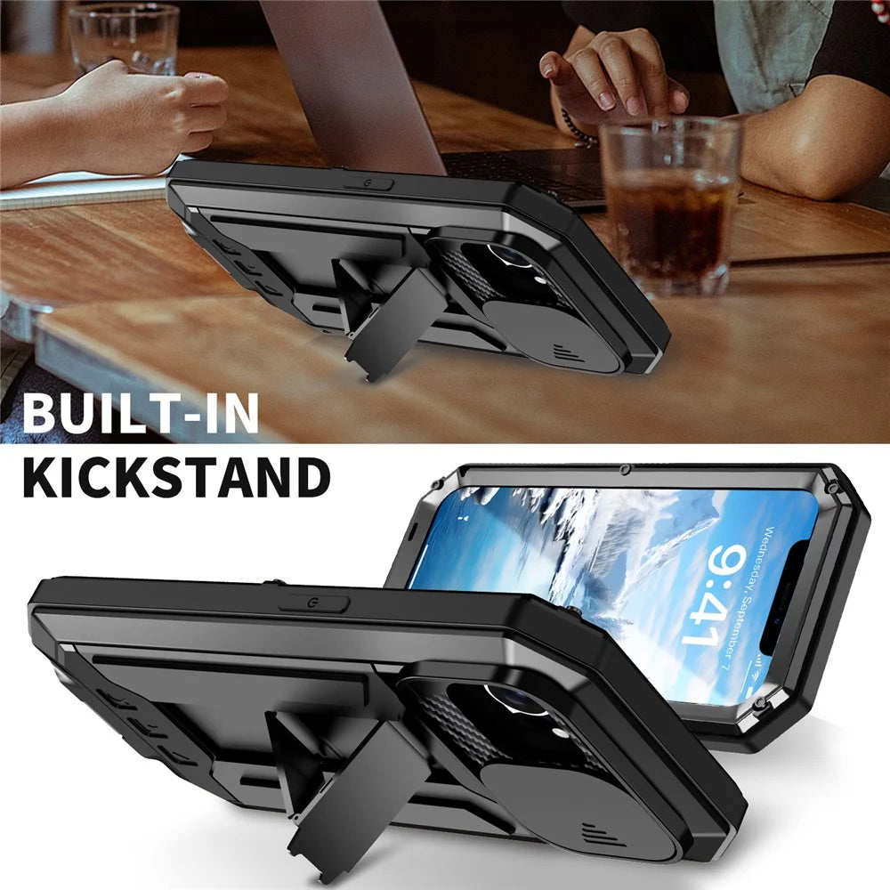 R-JUST For iPhone 17e / 16e Case PC + Silicone + Metal Back Cover with Tempered Glass Film - Black - 5
