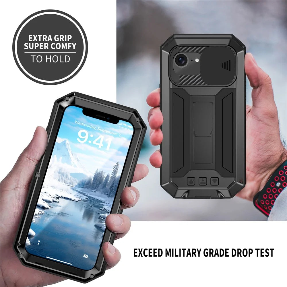 R-JUST For iPhone 17e / 16e Case PC + Silicone + Metal Back Cover with Tempered Glass Film - Black - 6