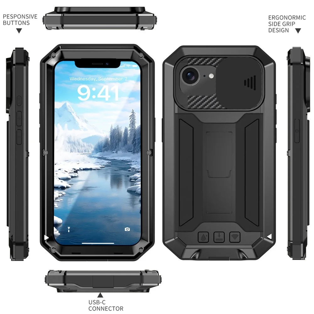 R-JUST For iPhone 17e / 16e Case PC + Silicone + Metal Back Cover with Tempered Glass Film - Black - 7