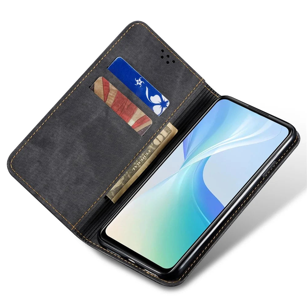 For vivo V50 5G Case Jeans Cloth Texture Anti-Scratch Leather Stand Phone Cover - Black - 2