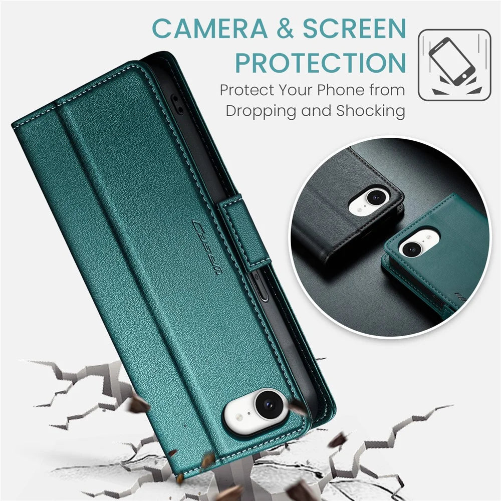 CASEME For iPhone 17e / 16e Leather Case  023 RFID Blocking 3 Card Slot Mobile Cover - Green - 7