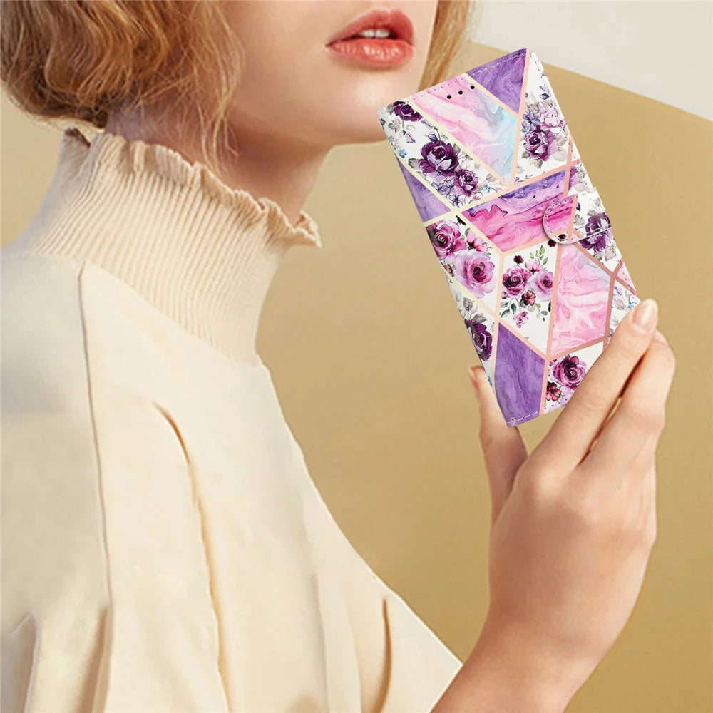 For iPhone 17e / 16e Wallet Case PU Leather Pattern Printing Stand Phone Cover with Strap - Purple Flowers - 6