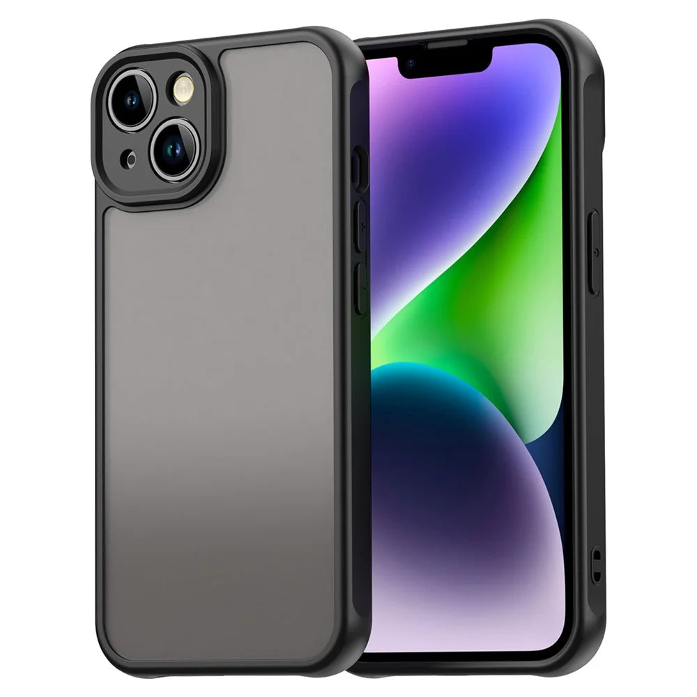 For iPhone 14 Case Drop Proof Airbags Frosted Translucent PC + TPU Phone Back Cover - Black - 1