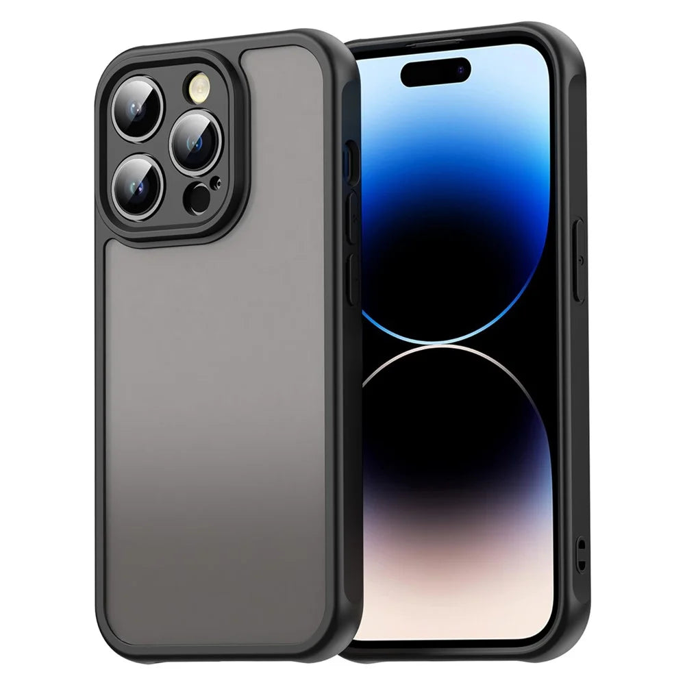 For iPhone 14 Pro Max Case Drop Proof Airbags Frosted Translucent PC + TPU Phone Back Cover - Black - 1