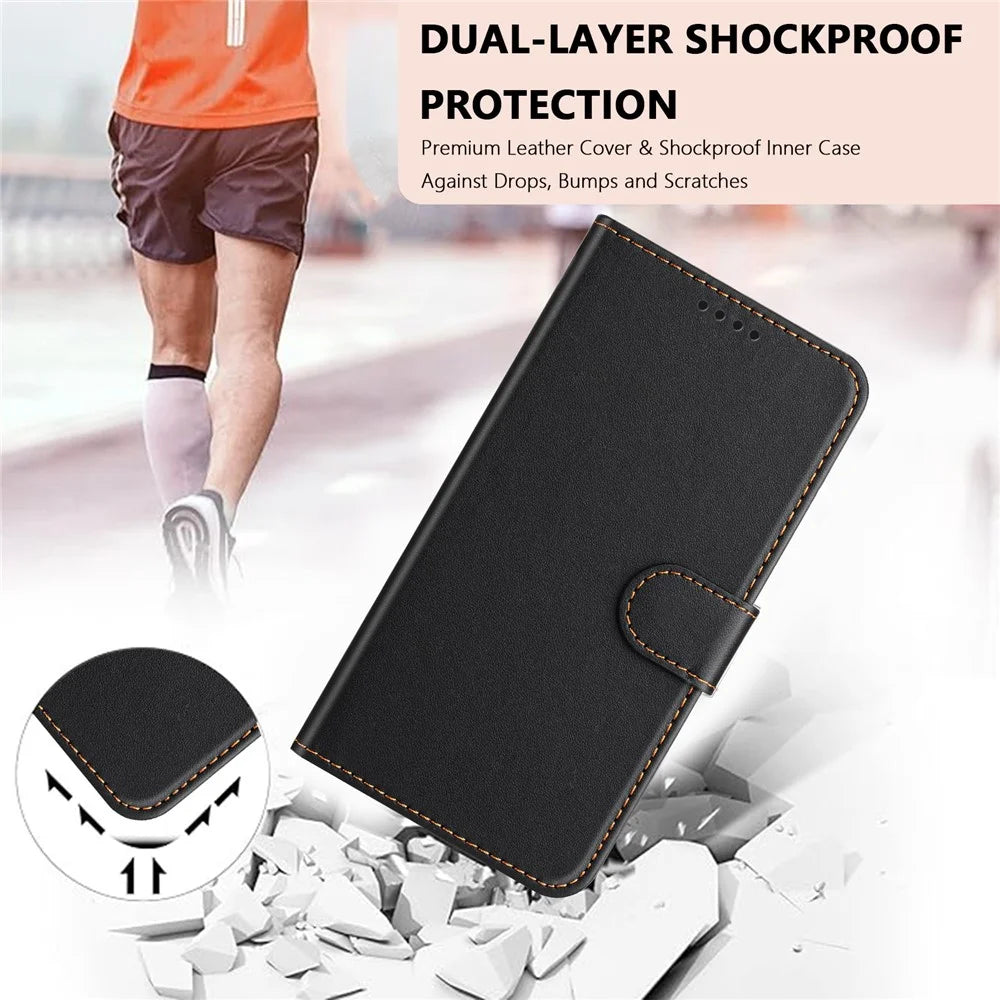 For iPhone 16 Pro Max Leather Case Wallet Stand Solid Color Anti Drop Phone Cover - Black - 3