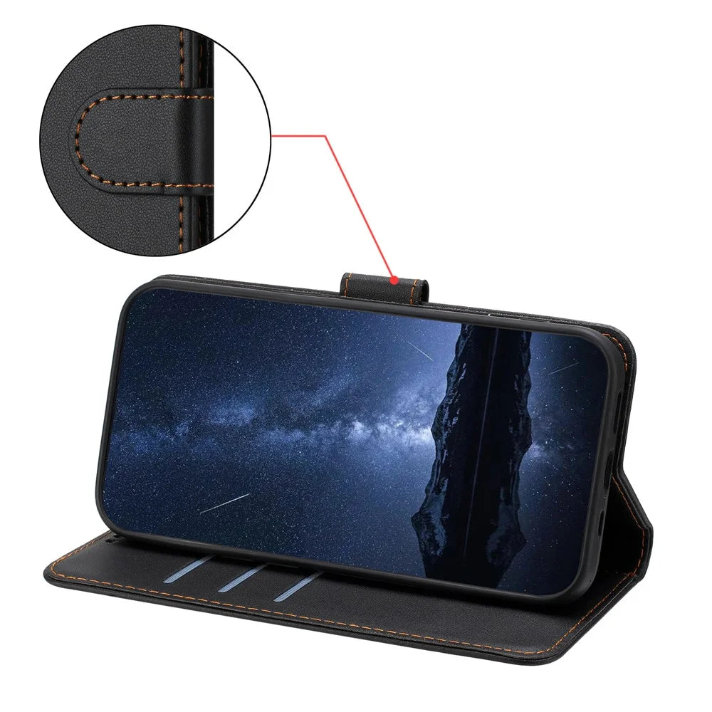 For iPhone 16 Pro Max Leather Case Wallet Stand Solid Color Anti Drop Phone Cover - Black - 5