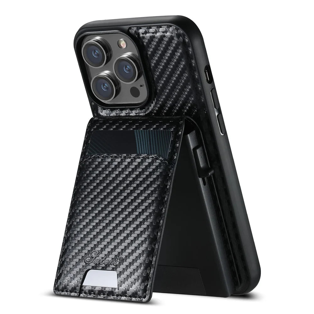 SUTENI H19 For iPhone 14 Pro Magnetic Case Carbon Fiber Texture Leather Back Cover with Card Bag - 2