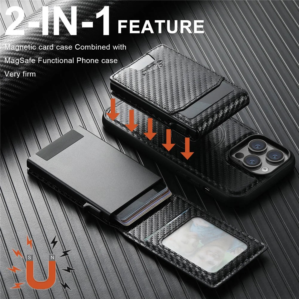 SUTENI H19 For iPhone 14 Pro Magnetic Case Carbon Fiber Texture Leather Back Cover with Card Bag - 4