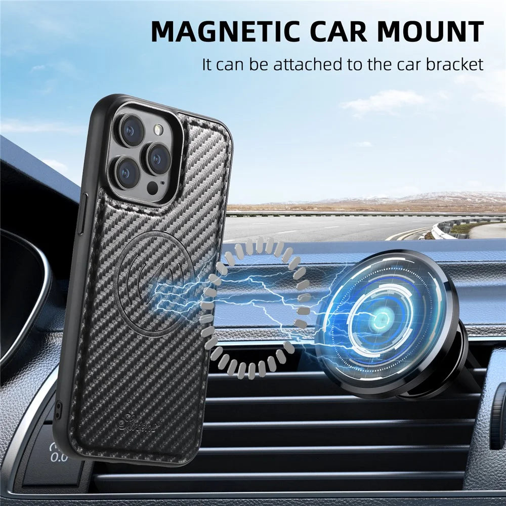 SUTENI H19 For iPhone 14 Pro Magnetic Case Carbon Fiber Texture Leather Back Cover with Card Bag - 7
