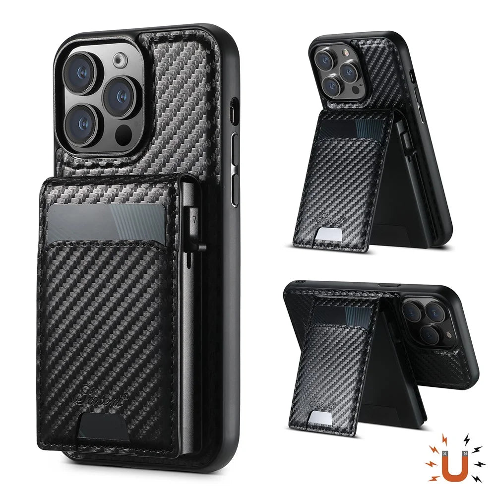 SUTENI H19 For iPhone 13 Pro Magnetic Case Carbon Fiber Texture Leather Back Cover with Card Bag - 1
