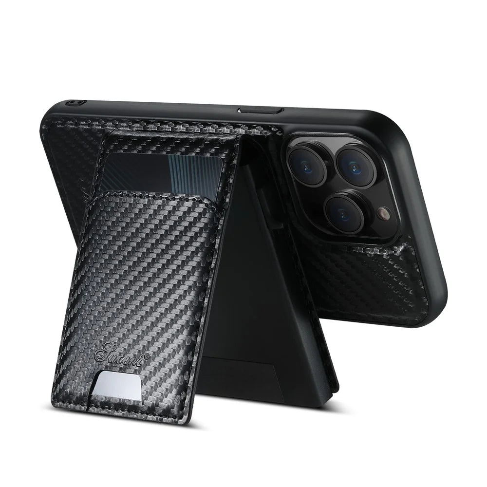 SUTENI H19 For iPhone 13 Pro Magnetic Case Carbon Fiber Texture Leather Back Cover with Card Bag - 3