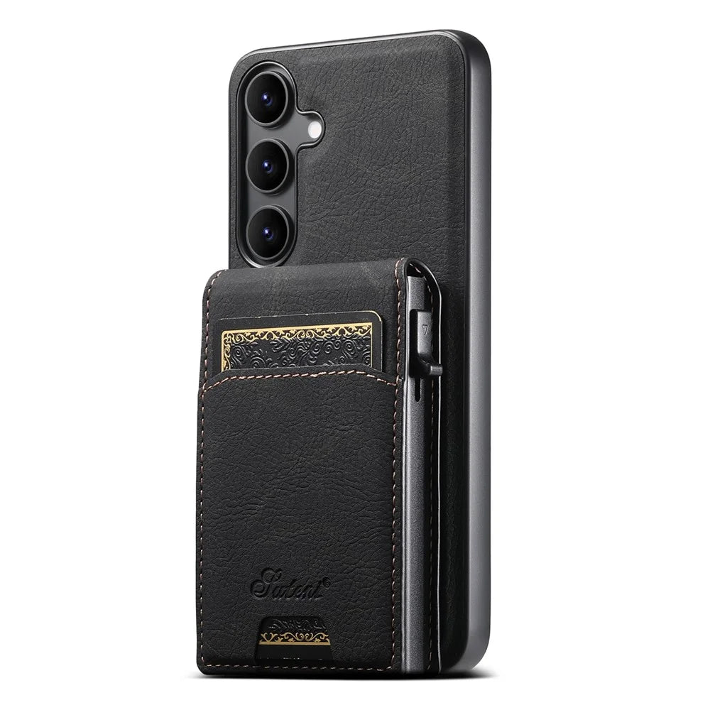 SUTENI H19 For Samsung Galaxy S24+ Magnetic Case Card Holder Kickstand Litchi Texture Leather Back Cover - Black - 3