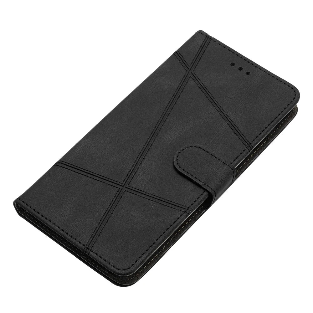 For iPhone 17e / 16e Wallet Case Line Imprinted Skin-Touch Leather Flip Phone Cover - Black - 5