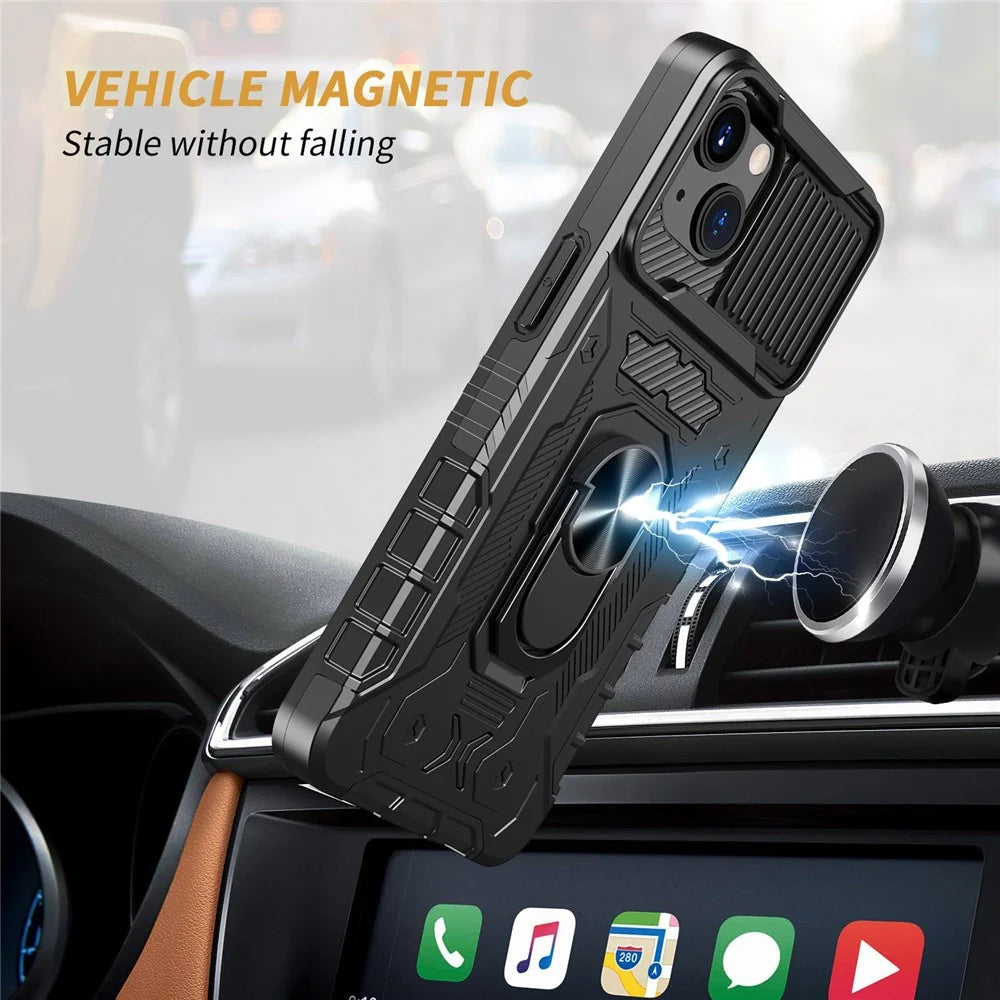 Slide Camera Protection PC + TPU Case for iPhone 14, Kickstand Full Coverage Phone Cover with Tempered Glass Screen Film - Black - 2