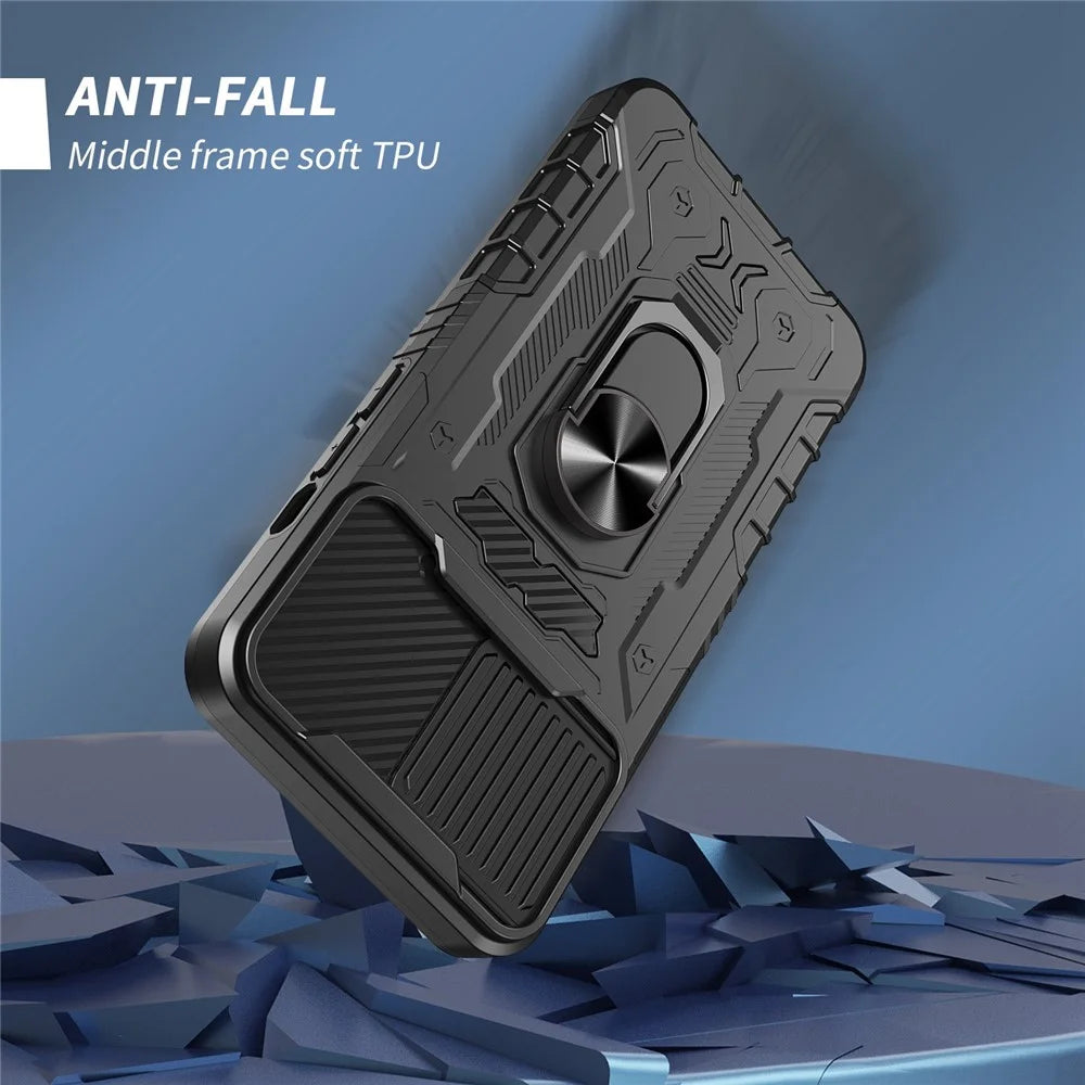 Slide Camera Protection PC + TPU Case for iPhone 14, Kickstand Full Coverage Phone Cover with Tempered Glass Screen Film - Black - 3