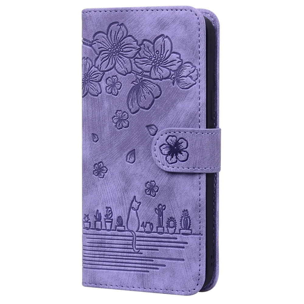 For Samsung Galaxy S25 Ultra Case Flip Stand Leather Phone Cover Cherry Blossom Cat Imprinted - Purple - 5