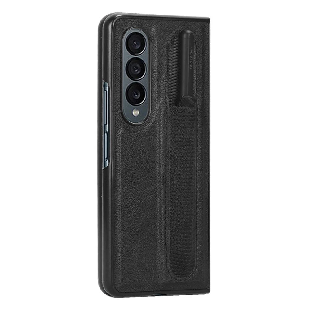 For Samsung Galaxy Z Fold4 5G Retro Texture PU Leather + Hard PC Shell Shockproof Anti-Scratch Phone Cover with Pen Holder - Black - 4