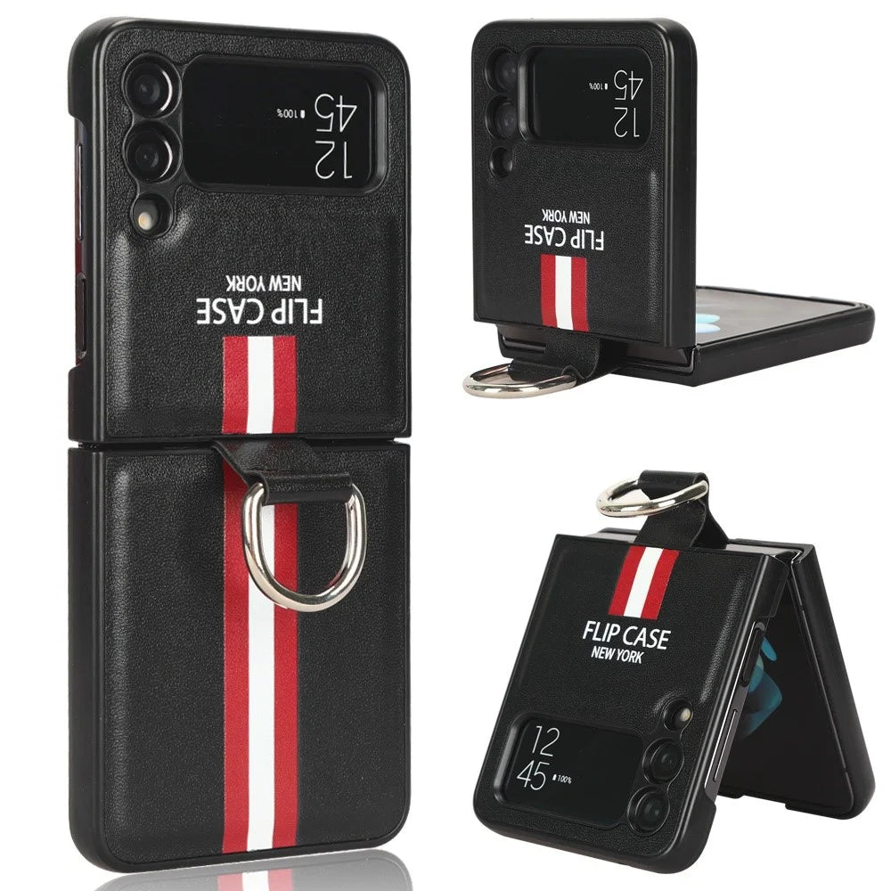 For Samsung Galaxy Z Flip3 5G PU Leather + Hard PC Shell Colored Stripe Pattern Shockproof Phone Case Cover with Ring Strap - Black - 1