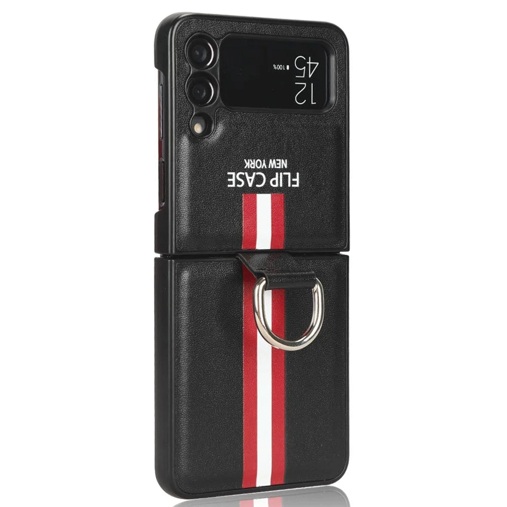 For Samsung Galaxy Z Flip3 5G PU Leather + Hard PC Shell Colored Stripe Pattern Shockproof Phone Case Cover with Ring Strap - Black - 2