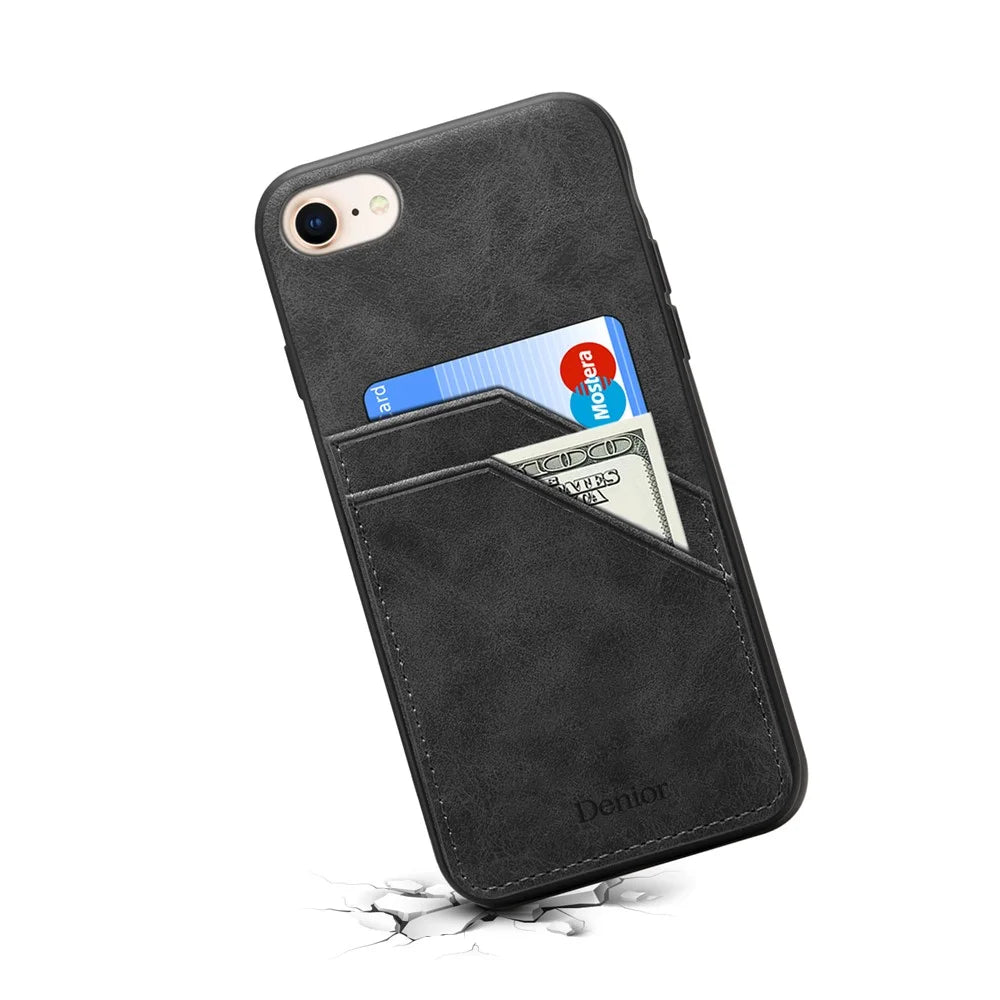 For iPhone 17e / 16e Case PU Leather Coated PC + TPU Phone Back Cover with Dual Card Slots - Black - 2