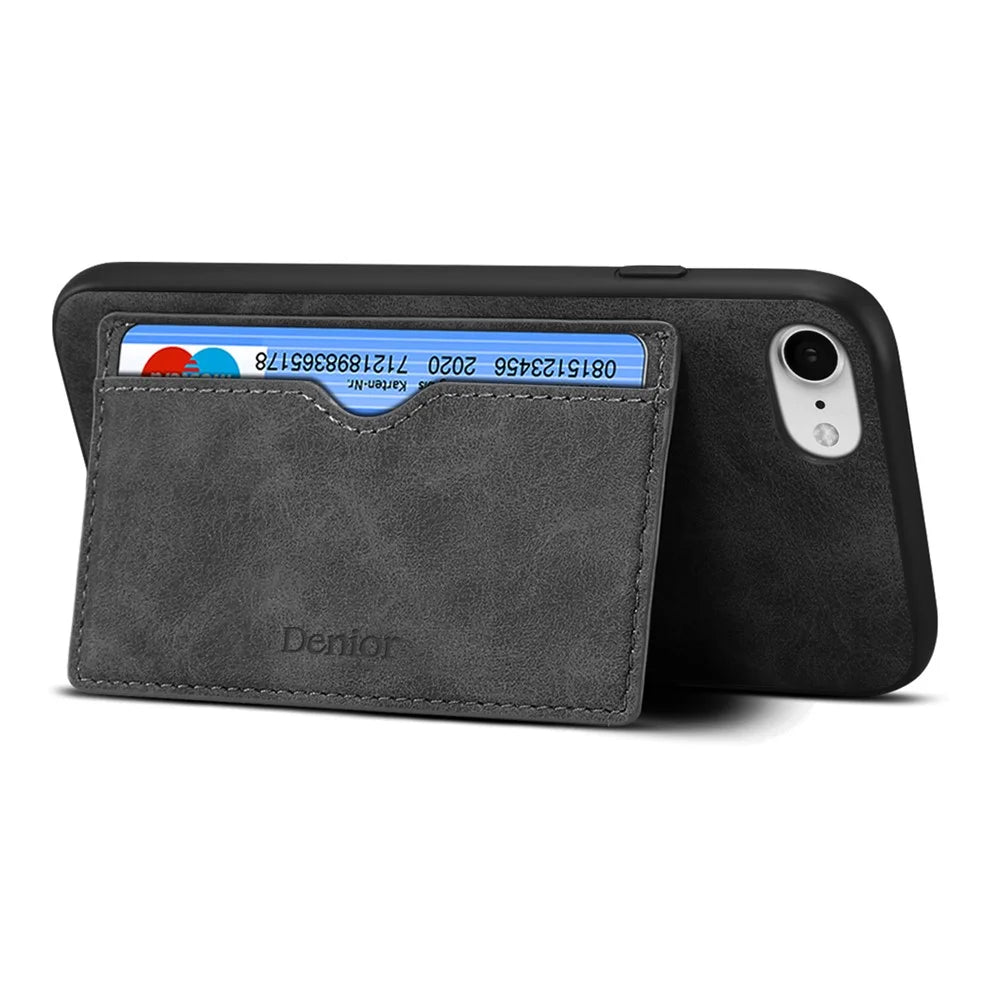 DENIOR For iPhone 17e / 16e Case Card Holder Kickstand Retro Leather+PC+TPU Phone Cover - Black - 2