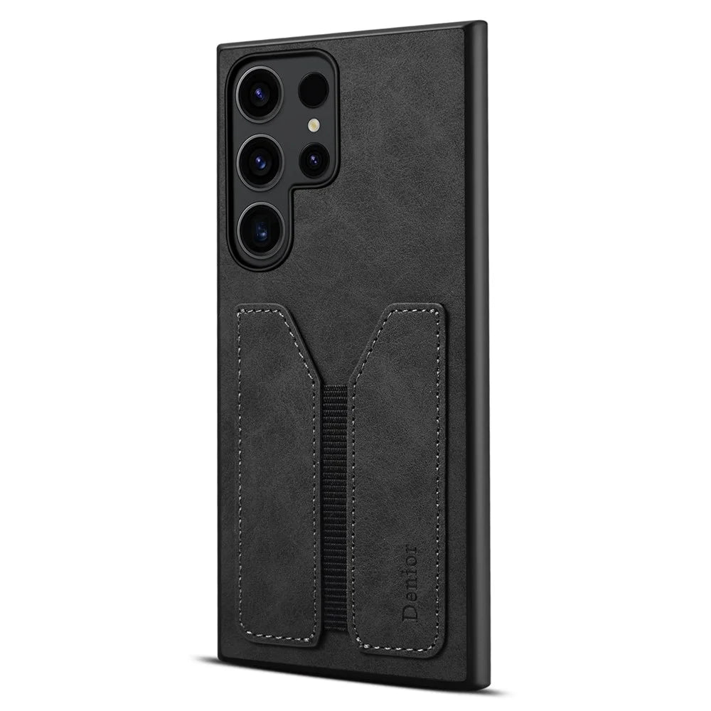 DENIOR For Samsung Galaxy S25 Ultra Case Elastic Card Holder PU Leather + TPU + PC Phone Cover - Black - 1