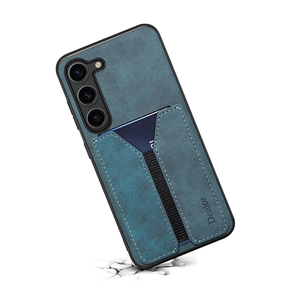 DENIOR For Samsung Galaxy S25 Case Elastic Card Holder PU Leather + TPU + PC Phone Cover - Blue - 2