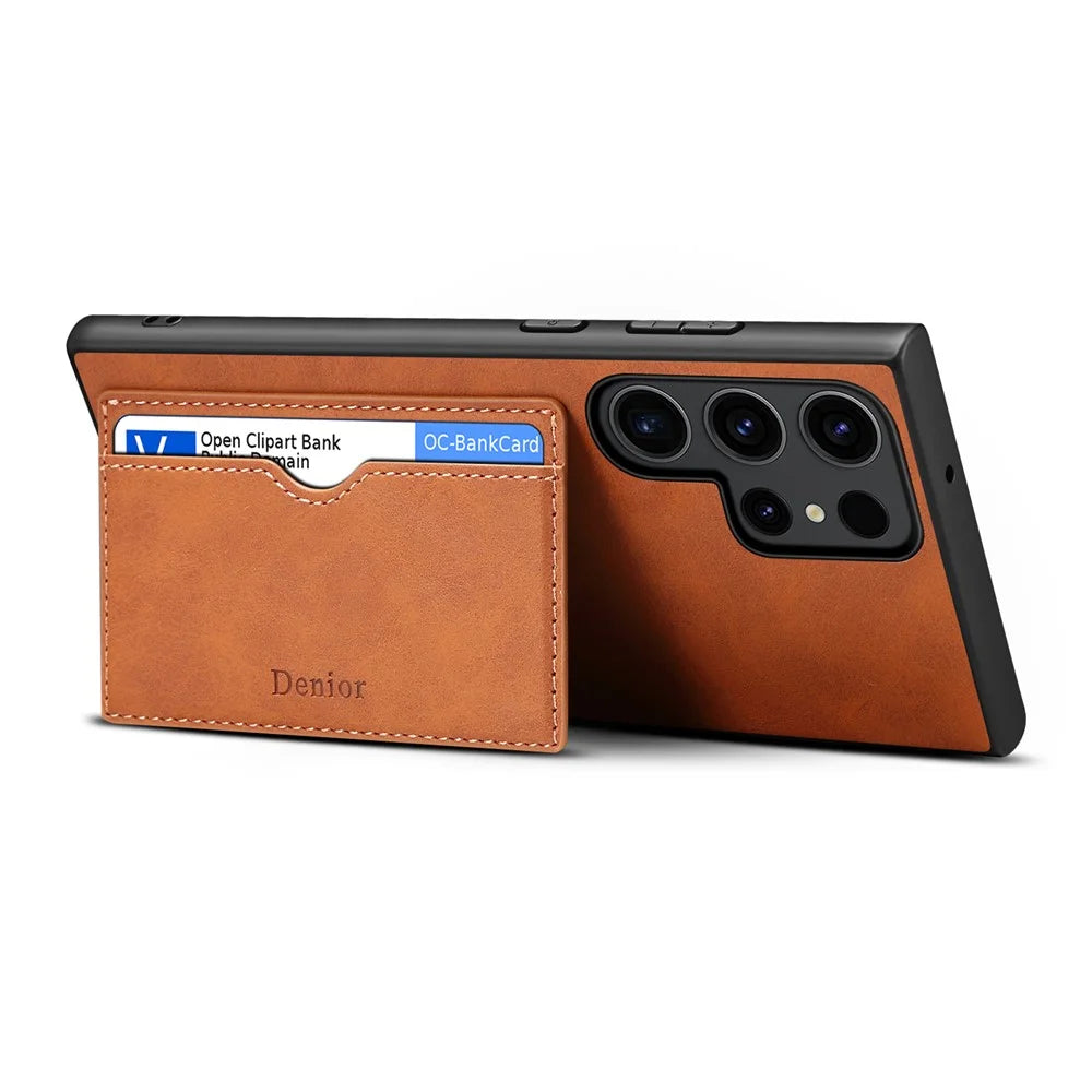 DENIOR For Samsung Galaxy S25 Ultra Case Card Holder Kickstand Retro Leather + PC + TPU Phone Cover - Brown - 2