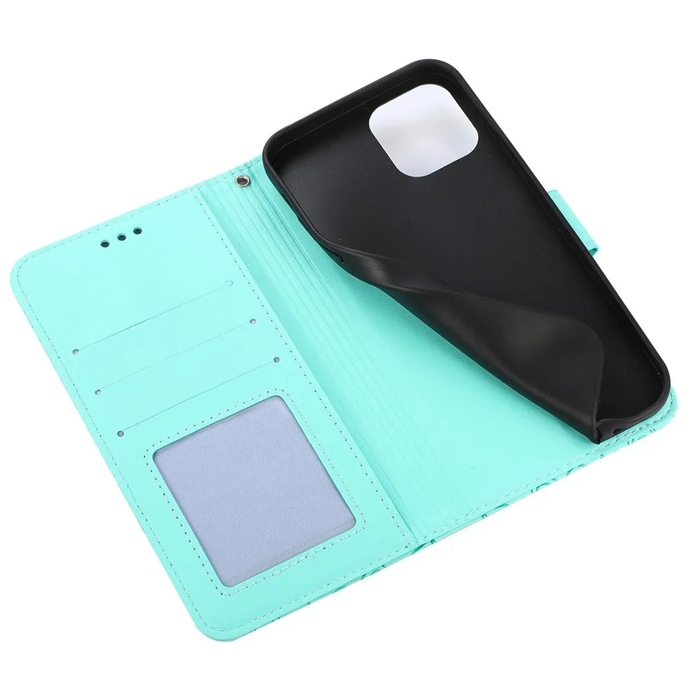 PU Leather Phone Case for iPhone 13 Pro Max 6.7 inch, Imprinted Flower Pattern Stand Wallet Shockproof Cell Phone Cover with Strap - Green - 5