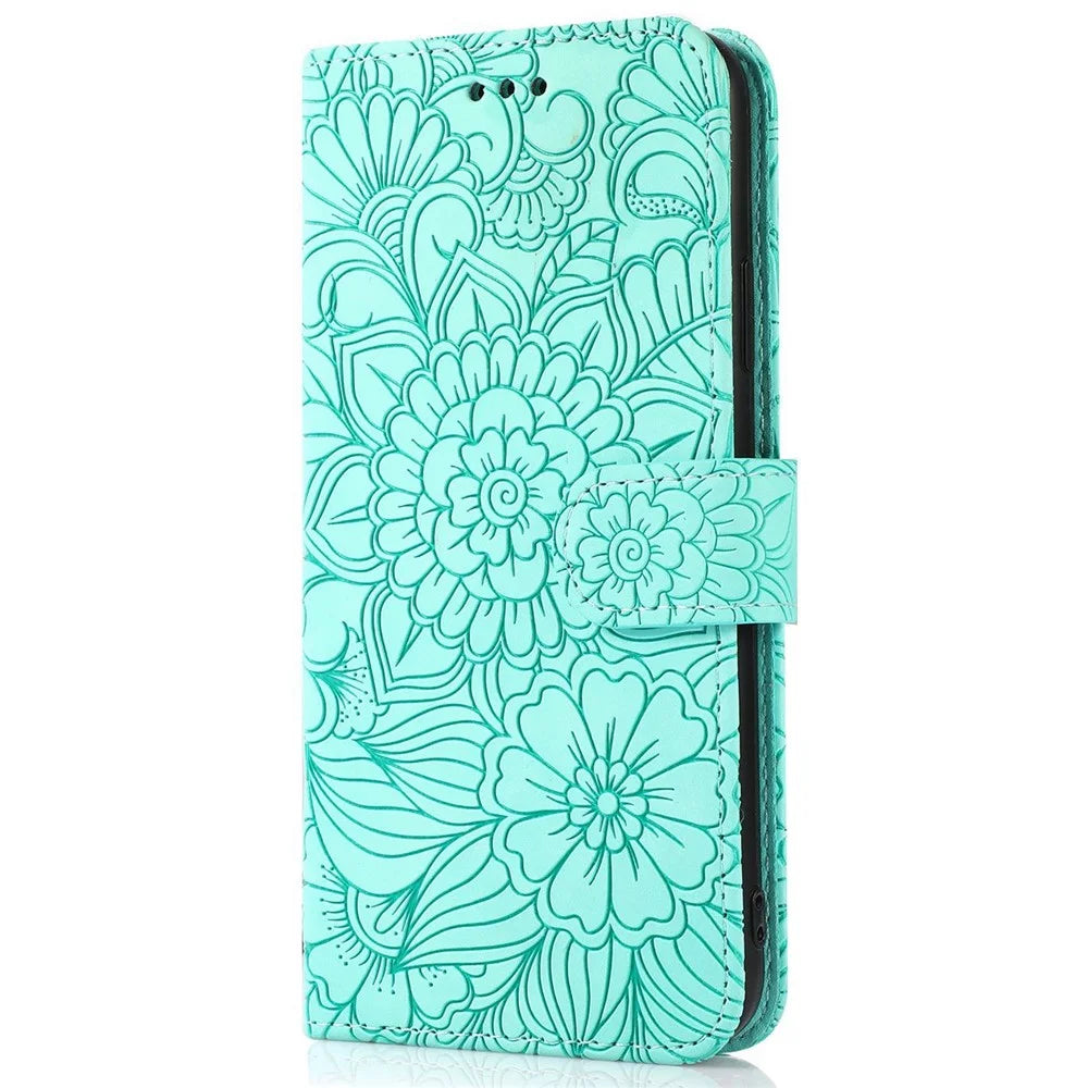 PU Leather Phone Case for iPhone 13 Pro Max 6.7 inch, Imprinted Flower Pattern Stand Wallet Shockproof Cell Phone Cover with Strap - Green - 7