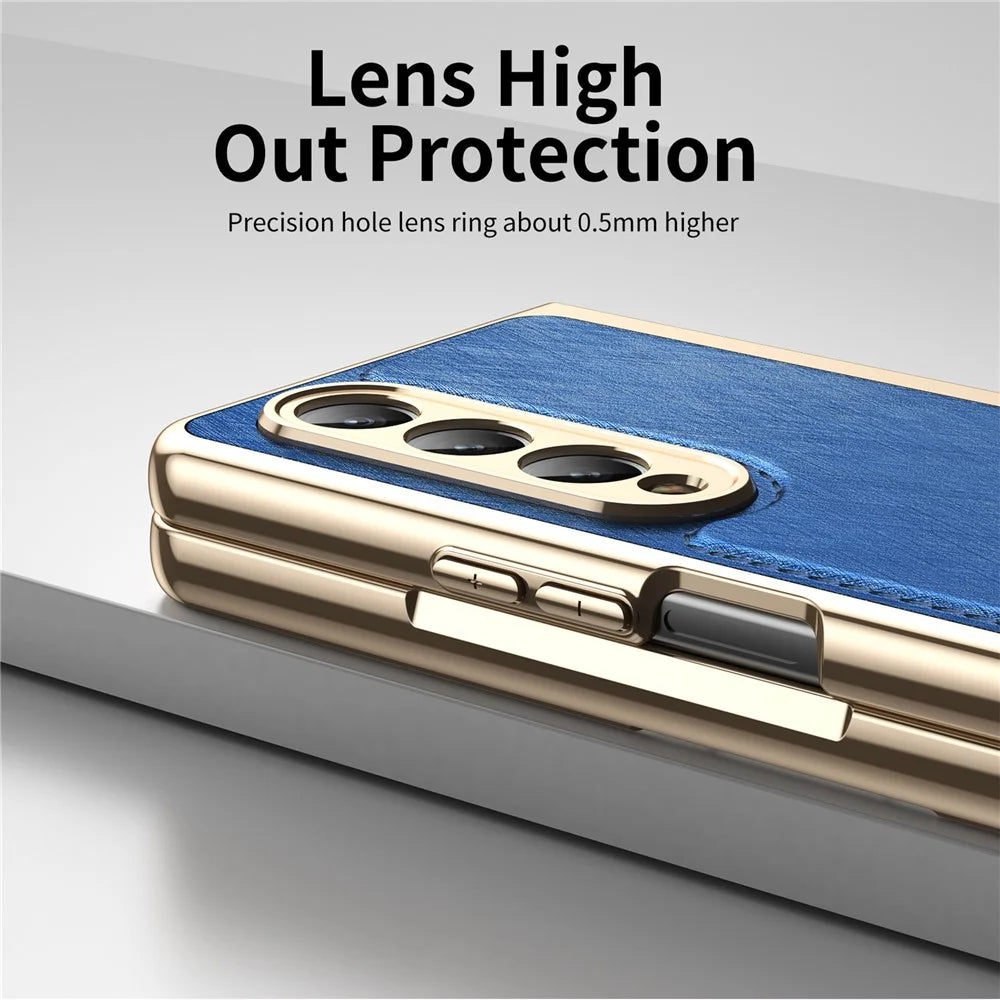 For Samsung Galaxy Z Fold4 5G Case PU Leather Coated PC Electroplated Phone Cover Built In Screen Protector - Blue - 3