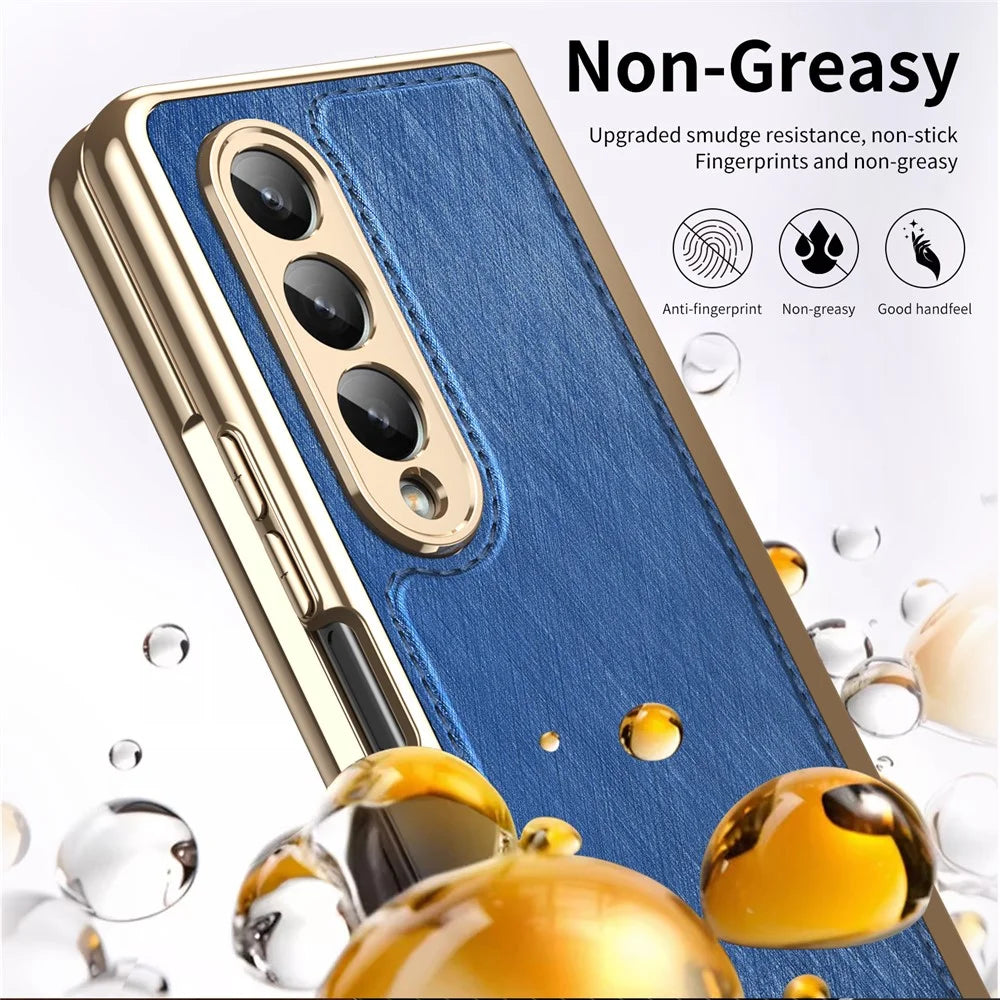 For Samsung Galaxy Z Fold4 5G Case PU Leather Coated PC Electroplated Phone Cover Built In Screen Protector - Blue - 4
