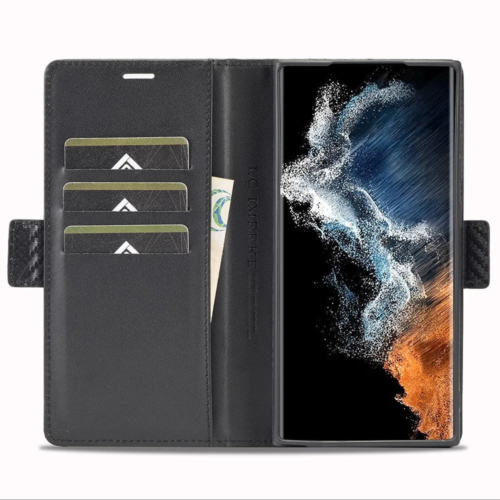 LC.IMEEKE For Samsung Galaxy S25 Ultra Case Carbon Fiber Texture Phone Cover Stand Card Holder - Horizontal Stripe - 2