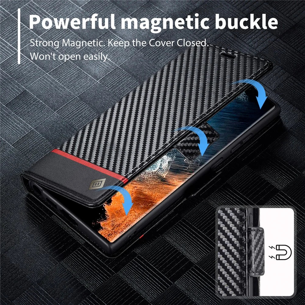 LC.IMEEKE For Samsung Galaxy S25 Ultra Case Carbon Fiber Texture Phone Cover Stand Card Holder - Horizontal Stripe - 4