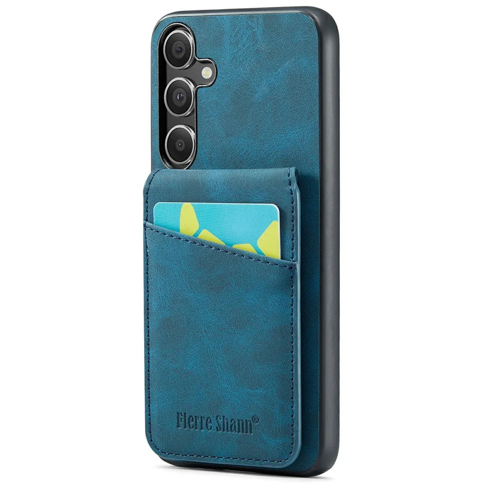 FIERRE SHANN For Samsung Galaxy S25+ Case Card Holder Kickstand Leather RFID Blocking Back Cover - Blue - 1