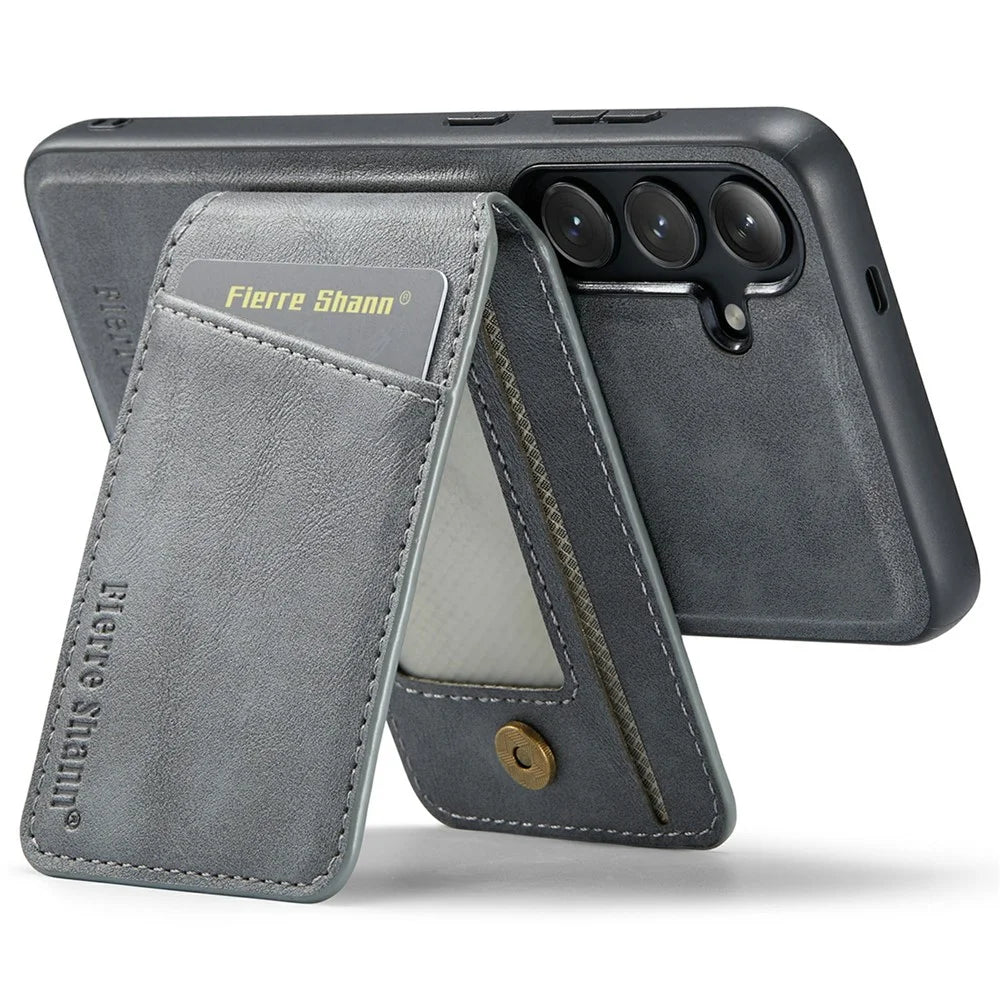 FIERRE SHANN 025 Style For Samsung Galaxy S25+ Case Leather + TPU Detachable Card Slots Phone Cover - Grey - 2