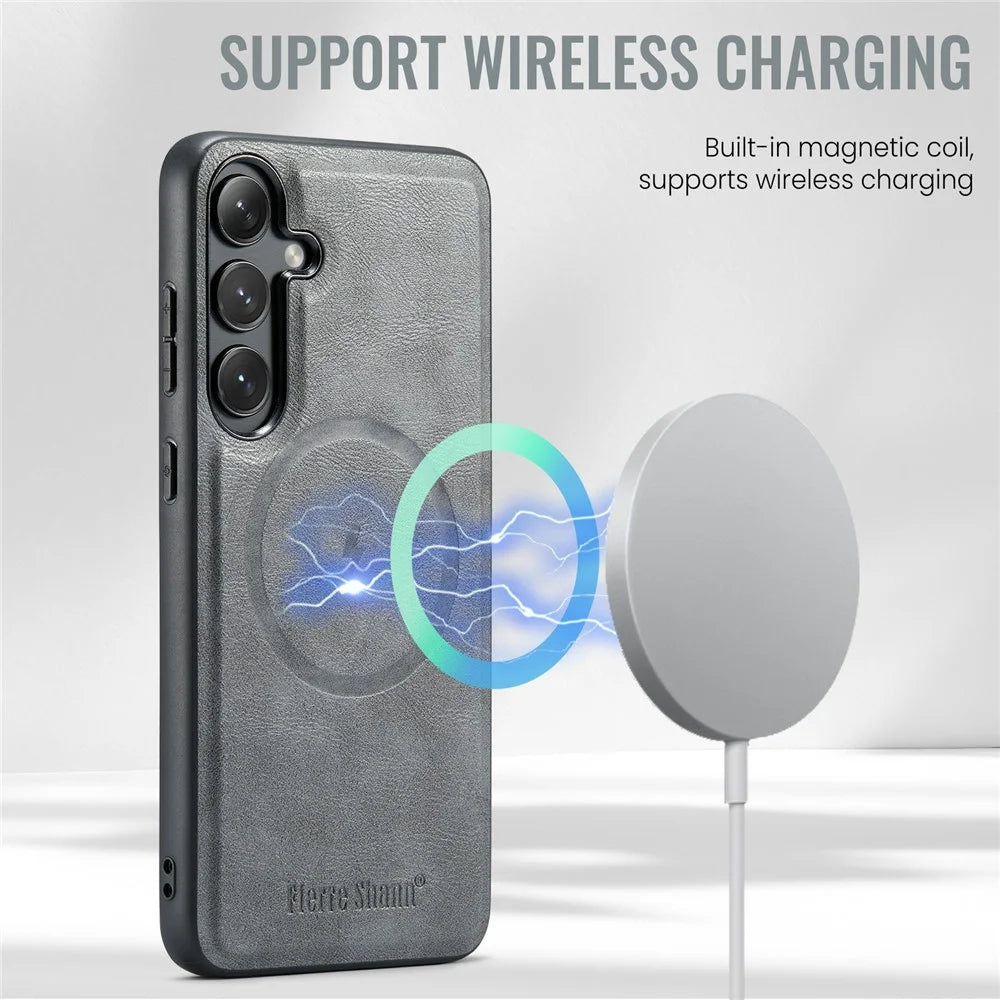FIERRE SHANN 025 Style For Samsung Galaxy S25+ Case Leather + TPU Detachable Card Slots Phone Cover - Grey - 6