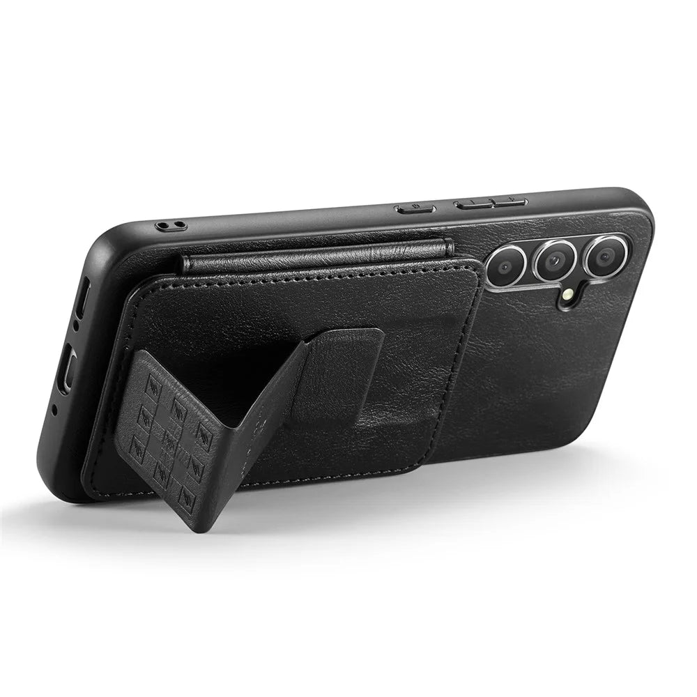 FIERRE SHANN 024 Style For Samsung Galaxy S25+ Case Card Holder Kickstand Waxy Texture Leather + TPU Phone Cover - Black - 2