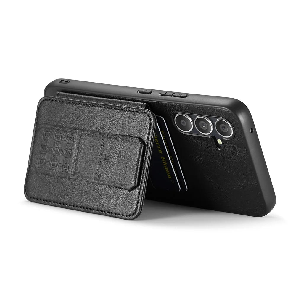FIERRE SHANN 024 Style For Samsung Galaxy S25+ Case Card Holder Kickstand Waxy Texture Leather + TPU Phone Cover - Black - 3