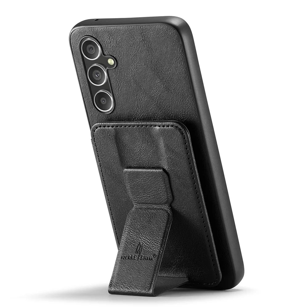 FIERRE SHANN 024 Style For Samsung Galaxy S25+ Case Card Holder Kickstand Waxy Texture Leather + TPU Phone Cover - Black - 4