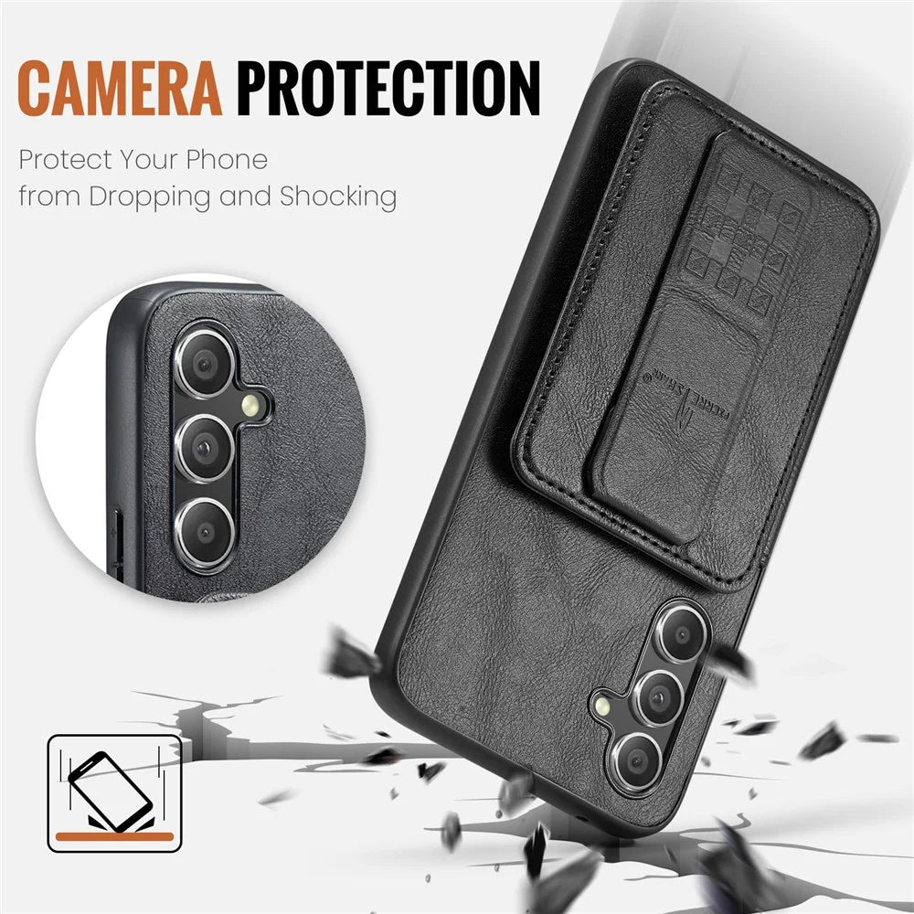 FIERRE SHANN 024 Style For Samsung Galaxy S25+ Case Card Holder Kickstand Waxy Texture Leather + TPU Phone Cover - Black - 5