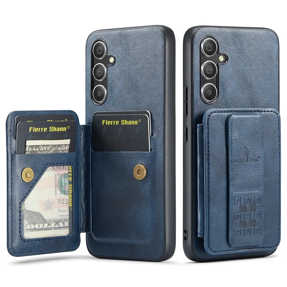 FIERRE SHANN 024 Style For Samsung Galaxy S25 Case Card Holder Kickstand Waxy Texture Leather + TPU Phone Cover - Blue - 1