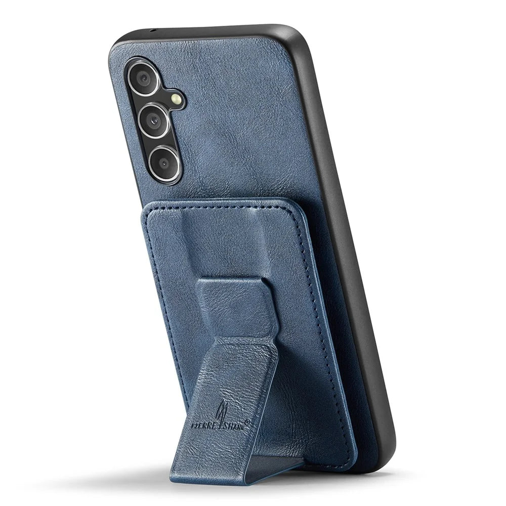 FIERRE SHANN 024 Style For Samsung Galaxy S25 Case Card Holder Kickstand Waxy Texture Leather + TPU Phone Cover - Blue - 4