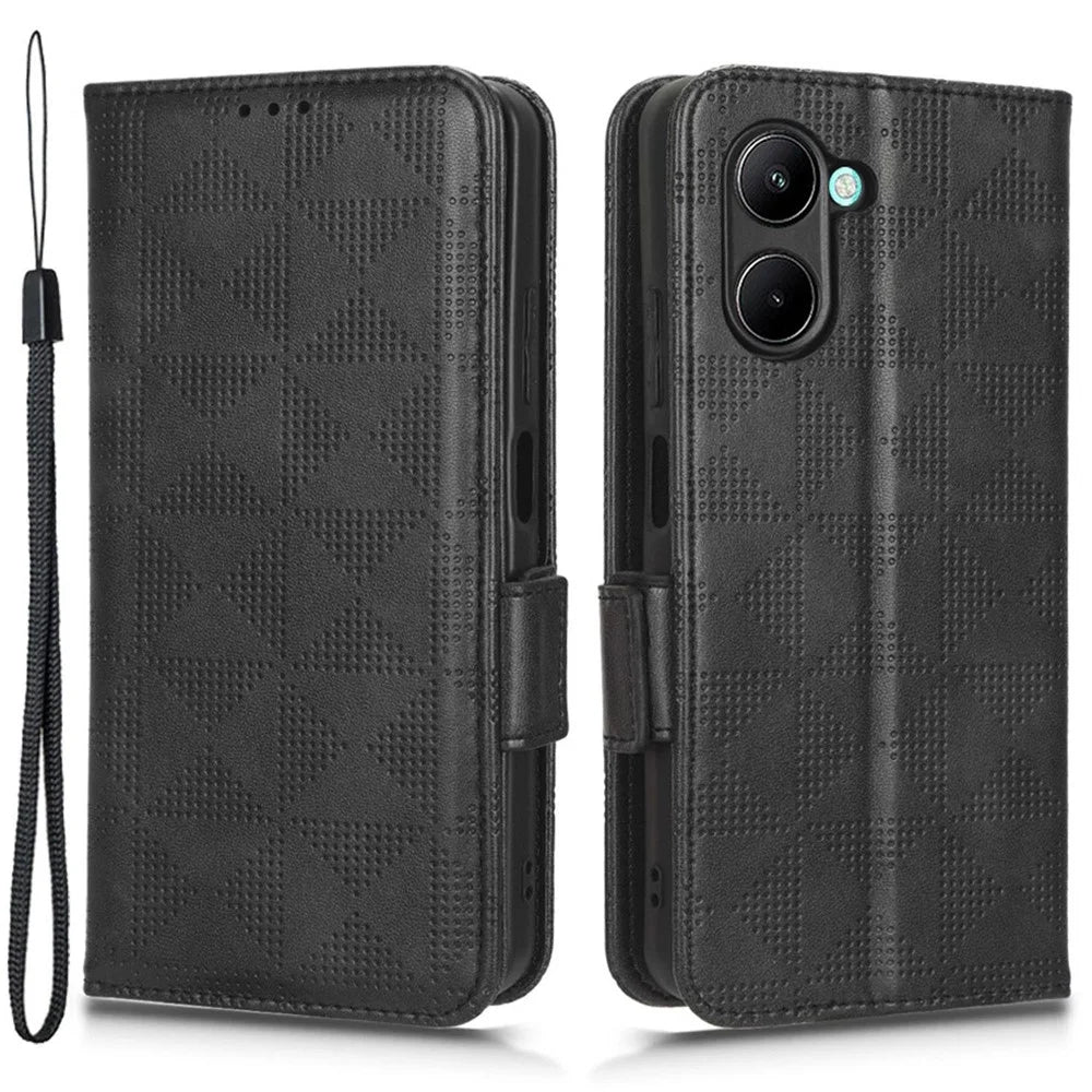 For Realme C22 4G Imprinted Triangle Pattern Leather Magnetic Flip Cover Stand Feature Hand Strap Wallet Purse Phone Case - Black - 1